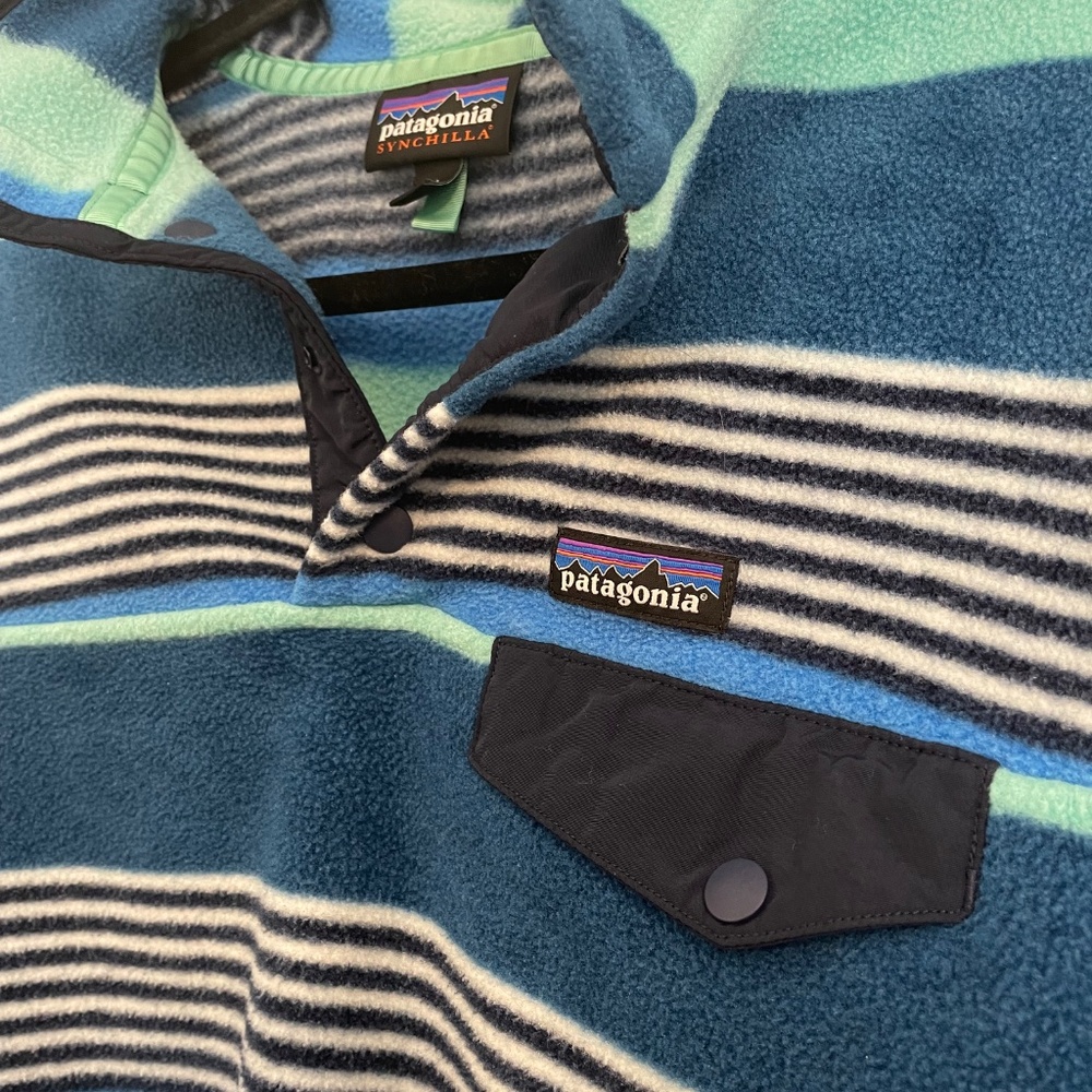 Patagonia Green Blue Stripe Synchilla Snap-T Pullover Fleece, Womens M - Picture 5 of 5